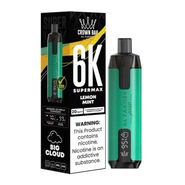 Comparer Puff SuperMax 6K Crown Bar - Al Fakher - 20 mg - Lemon Mint - Cigarettes électroniques avec un prix minimum de 8.20€